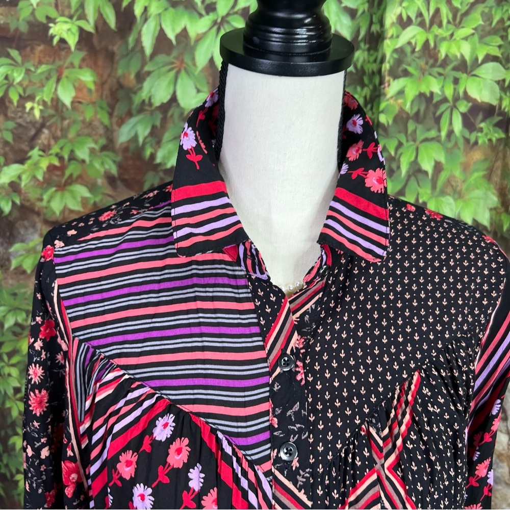 Free People Button-Front Patchwork Boho Blouse, M - image 3